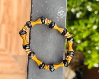 Handgemachte Schwarz Gold Kristall Perlen Stretch Armband Elegante Unisex Schmuck