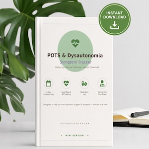 Könnte beinhalten: Ein weißes POTS & Dysautonomia Symptom Tracker Buch mit einem grünen Kreis und Herzsymbol. Der Text umfasst Daily Log, Doctor Visit Prep, 8-Day Symptom Log, Heart Rate & BP Tracking, Medication Log und Doctor Visit Prep Sheet.