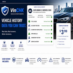May include: A digital vehicle history report interface for a 2019 BMW 3 Series 330i, displaying a VIN, report status, and checkmarks for title, accident, odometer, recall, ownership, and service history, with a price of $3.99 for the complete report.