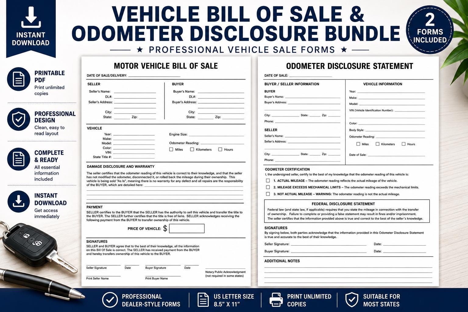 Lexus Odometer Form Vehicle Bill of Sale & Odometer Disclosure Statement Bundle | Printable ...