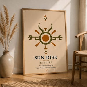May include: A framed vertical poster with a light beige background featuring a dark green and orange Hittite Sun Disk symbol. Below the graphic, the text reads: SUN DISK HITTITE Anatolian Symbol of Life, Power & Divine Energy in dark blue and black.