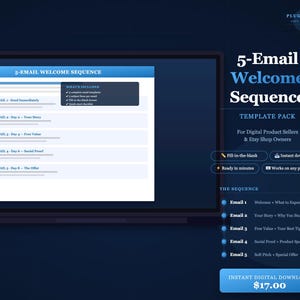 Puede incluir: Un paquete de plantillas de secuencia de bienvenida de 5 correos electrónicos en una pantalla de portátil. El gráfico presenta un fondo azul oscuro con texto blanco que detalla los pasos del correo, una caja de contenido y un botón de descarga.