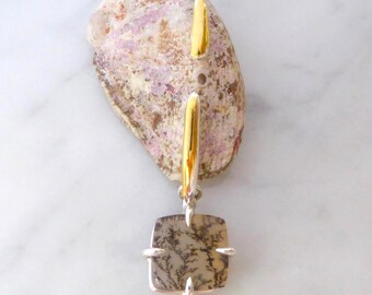 Pendientes colgantes asimétricos de cuarzo dendrítico y pendientes de botón Keum Boo - Pendientes colgantes asimétricos y pendientes de botón