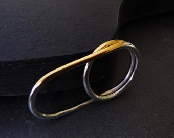 Anillo doble Infinity Keum-Boo - Anillo contemporáneo de dos dedos - Anillo llamativo de metal mixto - Anillo doble minimalista bicolor