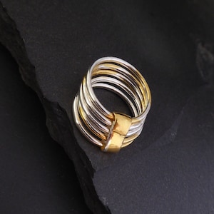 Keum-Boo Multi Stack Ring - Two tone Spinner Rings - Set of 5 Meditation Ring - Eco-friendly Silver and Gold