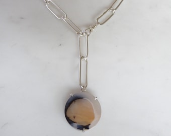 Unique Tiger Dendrite Agate Gemstone on a Hand Forged Chunky Silver Paperclip Chain- Contemporary Handcrafted Artisan Statement Necklace