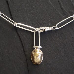 Può includere: Una collana a catena d'argento con un ciondolo che presenta un designo di scarabeo dettagliato. Lo scarabeo è realizzato in metallo dorato e ha una superficie testurizzata.