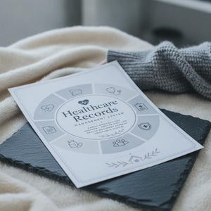 Puede incluir: Un documento de papel blanco titulado Healthcare Records Management System que presenta un gráfico circular con varios iconos médicos, incluyendo un estetoscopio, un frasco de pastillas y una carpeta, en tonos gris y negro.