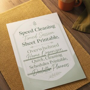 May include: A white rectangular printable sheet featuring sage green text and decorative leaf accents. The text reads: Speed Cleaning Timed Session Sheet Printable, Overwhelmed Home Organizer, Quick Cleaning Schedules Printable, Declutter Planners.