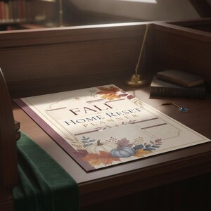 Può includere: Un planner cartaceo rettangolare con il titolo FALL HOME RESET PLANNER in testo blu scuro e bordeaux. Il design presenta illustrazioni di foglie autunnali arancioni, gialle e marroni, insieme a zucche bianche e blu nella parte inferiore.