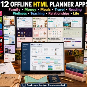 May include: A digital display of 12 offline HTML planner apps featuring dashboards for family, money, meals, travel, reading, wellness, teaching, relationships, and life. The screen shows a FamilyFlow mission control interface with calendars and schedules.