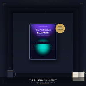 May include: A digital tablet displays a purple and teal graphic titled THE AI INCOME BLUEPRINT with text indicating 500+ AI Prompts, 12 Income Streams, and a 90-Day Launch Plan. A gold circular badge reads INSTANT DIGITAL DOWNLOAD.