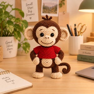 May include: A crocheted monkey doll with dark brown fur, a light beige face, ears, hands, and feet, wearing a bright red shirt. The monkey has large black eyes, a stitched smile, and a curled tail, standing upright on a flat surface.