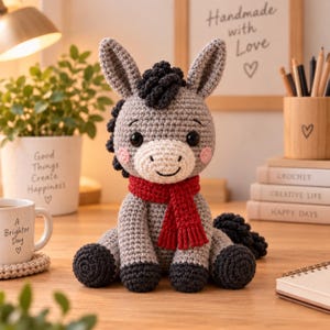 May include: A grey crocheted donkey stuffed animal featuring a dark grey mane, tail, and hooves, with a bright red scarf around its neck. The donkey has black button eyes, a light grey muzzle, and small pink circular patches on its cheeks.