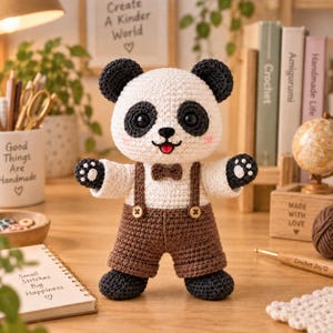 May include: A crocheted panda plush toy with black and white yarn, wearing brown trousers with suspenders and a small brown bow tie. The panda has large black eyes, a black nose, a small red tongue, and pink cheeks, standing on a wooden surface.