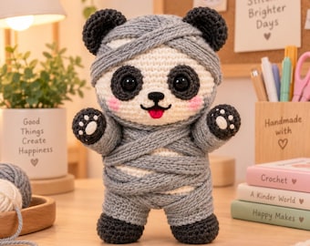 Peluche de panda momia de ganchillo, lindo panda amigurumi, peluche de Halloween, muñeco espeluznante hecho a mano, juguete de ganchillo kawaii, regalo de Halloween