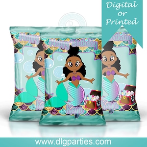 Black Mermaid Favor Bags - chip bags - Digital - Party bags - Favor bags - Treat Bags - Loot Bags - Snack Bags - Custom chip bags