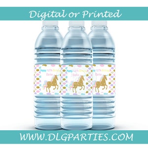 Unicorn water bottle labels- digital- you print - Party Favors