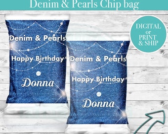 Denim and Pearls Favor Bags -Custom Chip Bags -Denim Birthday