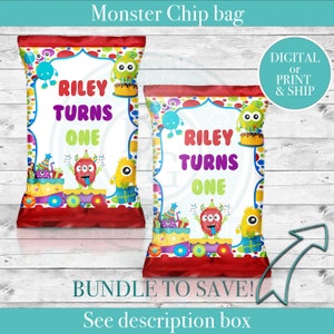 May include: Two red and white chip bags with a monster theme. The bags have a colorful design with monsters, presents, and a train. The text on the bags reads "Riley Turns One".