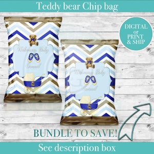May include: Two blue and brown chevron patterned chip bags with teddy bear and baby carriage designs. The bags have the text "Welcoming Baby" and "Samuel" on them. The text "DIGITAL or PRINT & SHIP" is in a circle on the right side of the image. The text "BUNDLE TO SAVE! See description box" is at the bottom of the image.