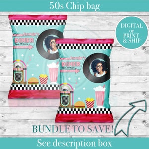 May include: Two red and pink chip bags with a 1950s diner theme. The bags feature a turquoise background with white polka dots, a red and white checkered border, and a jukebox graphic. The text "Jasmin's Diner Open 24 Hours" is printed on the bags. A photo of a person is in a circle on each bag.