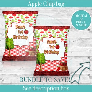 May include: Two apple-themed chip bags with red glitter trim. The bags feature a white background with red and green apples, a red and white checkered pattern, and the text "Sara's 1st Birthday". The bags also have a tree and a basket of apples.