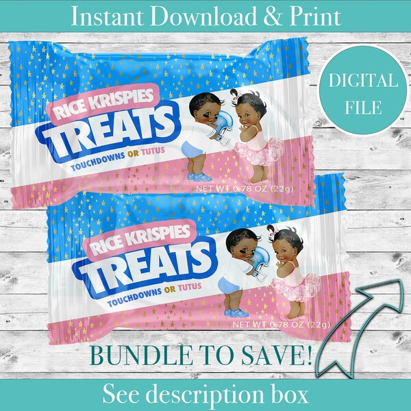 Touchdowns or Tutus favors- Rice Krispies wrapper- treats- gender reveal