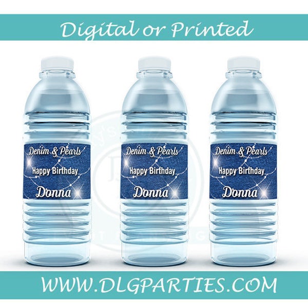 Denim and Pearls water bottle labels- digital- you print - Party Favors