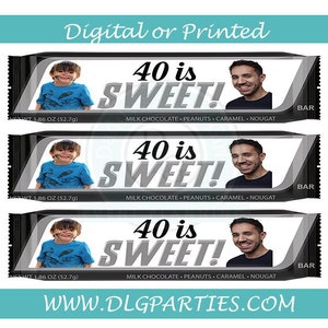May include: Three black and white candy bar wrappers with a photo of a person and the text "40 is SWEET!"  The wrappers are for a chocolate bar with milk chocolate, peanuts, caramel, and nougat. The text "WWW.DLGPARTIES.COM" is at the bottom of the image.