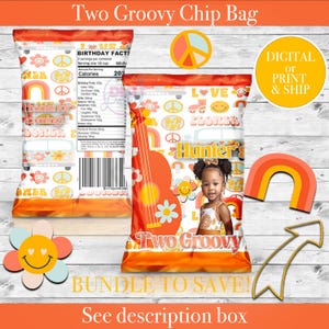 May include: A personalized chip bag with a groovy 70s theme. The bag features a rainbow, peace signs, flowers, and a guitar. The text "Hunter's Two Groovy" is printed on the bag.