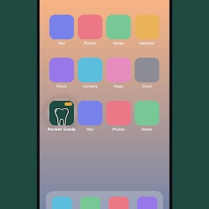 May include: A smartphone screen displaying a home screen interface with colourful app icons. One icon features a white tooth outline labelled Pocket Guide. Text at the top reads Add It To Your Home Screen and at the bottom No App Store Needed.
