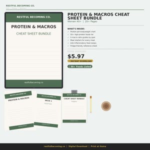 May include: A digital Protein & Macros Cheat Sheet Bundle from Restful Becoming Co. featuring a main guide, weekly log, and progress tracker. The documents include lists of high-protein foods, macro ratio guides, meal starters, and food swaps.