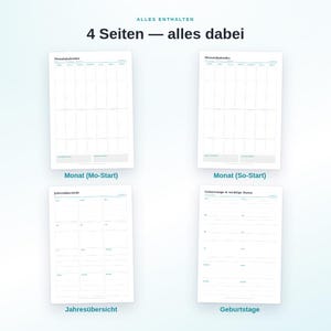 Printable Calendar Set (PDF) | 4 Templates: Monthly Calendar, Yearly Overview, Birthdays | A4 + US Letter | Undated image 2