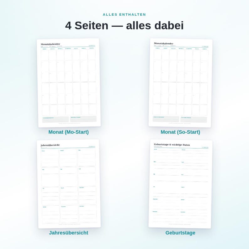 Printable Calendar Set (PDF) | 4 Templates: Monthly Calendar, Yearly Overview, Birthdays | A4 + US Letter | Undated image 2
