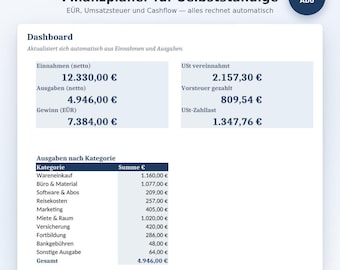 EÜR Vorlage Excel & Google Sheets Deutsch | Buchhaltung Kleinunternehmer | Einnahmen Ausgaben Umsatzsteuer Tracker für Selbstständige