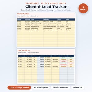 Könnte beinhalten: Eine digitale Client & Lead Tracker Tabellenvorlage für Excel und Google Sheets. Die Benutzeroberfläche zeigt zwei Tabellen mit Spalten für Lead-Nummern, Kundennamen und Follow-up-Status, wobei gelb und grau farbcodierte Zellen verwendet werden.