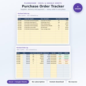 Könnte beinhalten: Eine digitale Tabellenkalkulationsvorlage zur Verfolgung von Bestellungen für Excel und Google Sheets. Die Benutzeroberfläche zeigt zwei Tabellen mit Spalten für Bestellnummern, Lieferantendetails, Artikelbeschreibungen, Mengen, Preise und Lieferdaten.