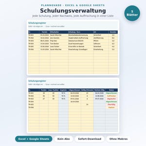 Puede incluir: Una plantilla digital de gestión de formación para Excel y Google Sheets titulada Schulungsverwaltung. Presenta dos tablas con celdas amarillas y blancas, mostrando columnas para nombres de empleados, tipos de cursos, fechas y estados.