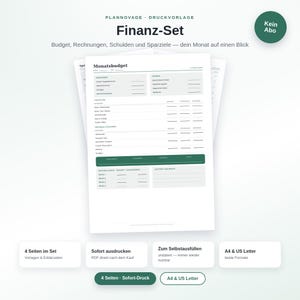 Haushaltsbudget Set zum Ausdrucken PDF | 4 Vorlagen: Budget, Rechnungen, Schulden, Sparziele | Finanzplaner A4 + US Letter Bild 1