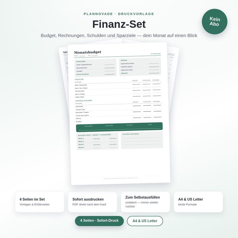 Haushaltsbudget Set zum Ausdrucken PDF | 4 Vorlagen: Budget, Rechnungen, Schulden, Sparziele | Finanzplaner A4 + US Letter Bild 1