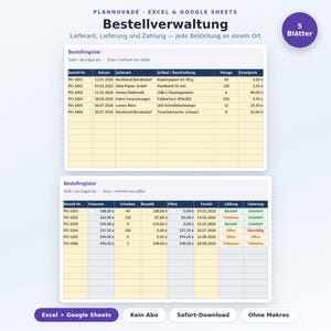 Könnte beinhalten: Eine digitale Tabellenvorlage zur Bestellverwaltung für Excel und Google Sheets. Die Benutzeroberfläche zeigt zwei Tabellen mit der Überschrift Bestellregister, die Spalten für Bestellnummern, Lieferanten, Mengen und Zahlungsstatus enthalten.