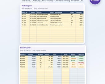 Order Management Excel Template (German) | Order Overview, Suppliers & Delivery Status for Excel and Google Sheets