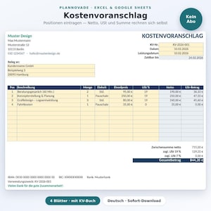 Könnte beinhalten: Eine digitale Kostenvoranschlag-Vorlage für Excel und Google Sheets mit der Überschrift Kostenvoranschlag. Das Dokument enthält Felder für Absender- und Empfängerdaten, eine Tabelle mit Spalten für Position, Beschreibung, Menge, Einheit, Einzelpreis, USt, Netto und USt-Betrag sowie Bankverbindungsdaten.