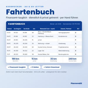 Printable logbook (PDF) | Separate sections for business, private, and commuting trips | Trip page and annual summary | A4 & US Letter