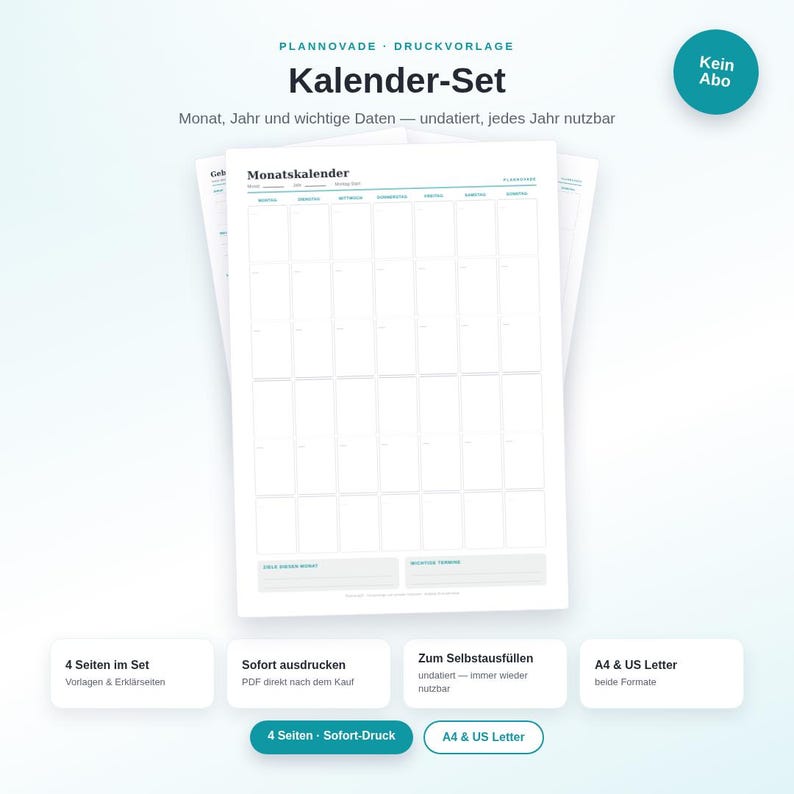 Printable Calendar Set (PDF) | 4 Templates: Monthly Calendar, Yearly Overview, Birthdays | A4 + US Letter | Undated image 1