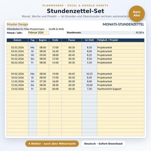 Könnte beinhalten: Eine digitale Stundenzettel-Vorlage für Excel und Google Sheets mit dem Titel Stundenzettel-Set. Das Dokument enthält Spalten für Datum, Tag, Beginn, Ende, Pause, Ist-Stunden und Tätigkeit oder Projekt mit Beispieldaten für Februar 2026.