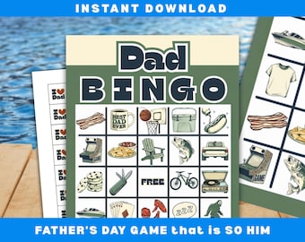 Juego de Bingo del Día del Padre: Iconos retro de papá, barbacoa, acampada, diversión en la casa del lago (Descarga digital)