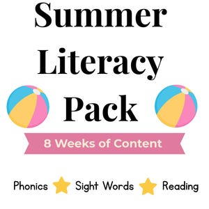 Könnte beinhalten: Ein digitales Lehrmaterial mit dem Titel Summer Literacy Pack für Kindergarten bis 1. Klasse. Das weiße Dokument enthält schwarzen Text, zwei bunte Strandball-Illustrationen, ein rosa Banner mit der Aufschrift 8 Weeks of Content und gelbe Sterne.