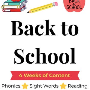 Könnte beinhalten: Ein digitales Lernplakat für 2nd Grade Back to School mit einem Stapel aus drei Büchern, einem gelben Bleistift und einem roten Apfel-Symbol mit dem Text Back to School. Das Plakat enthält den Text 4 Weeks of Content, Phonics, Sight Words, Reading und Literacy Review.